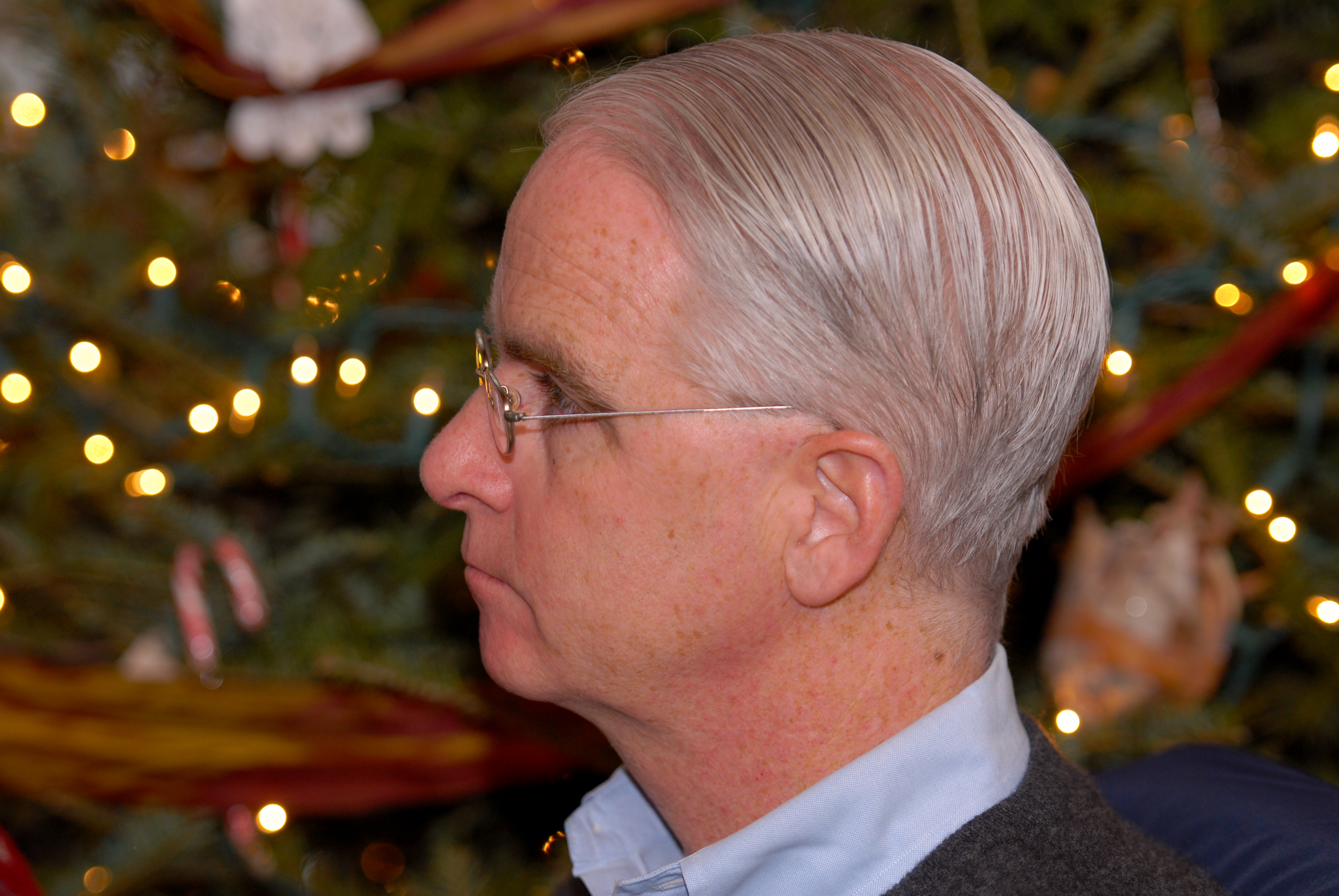 A man with glasses and neatly combed gray hair looks to the side in front of a decorated tree.