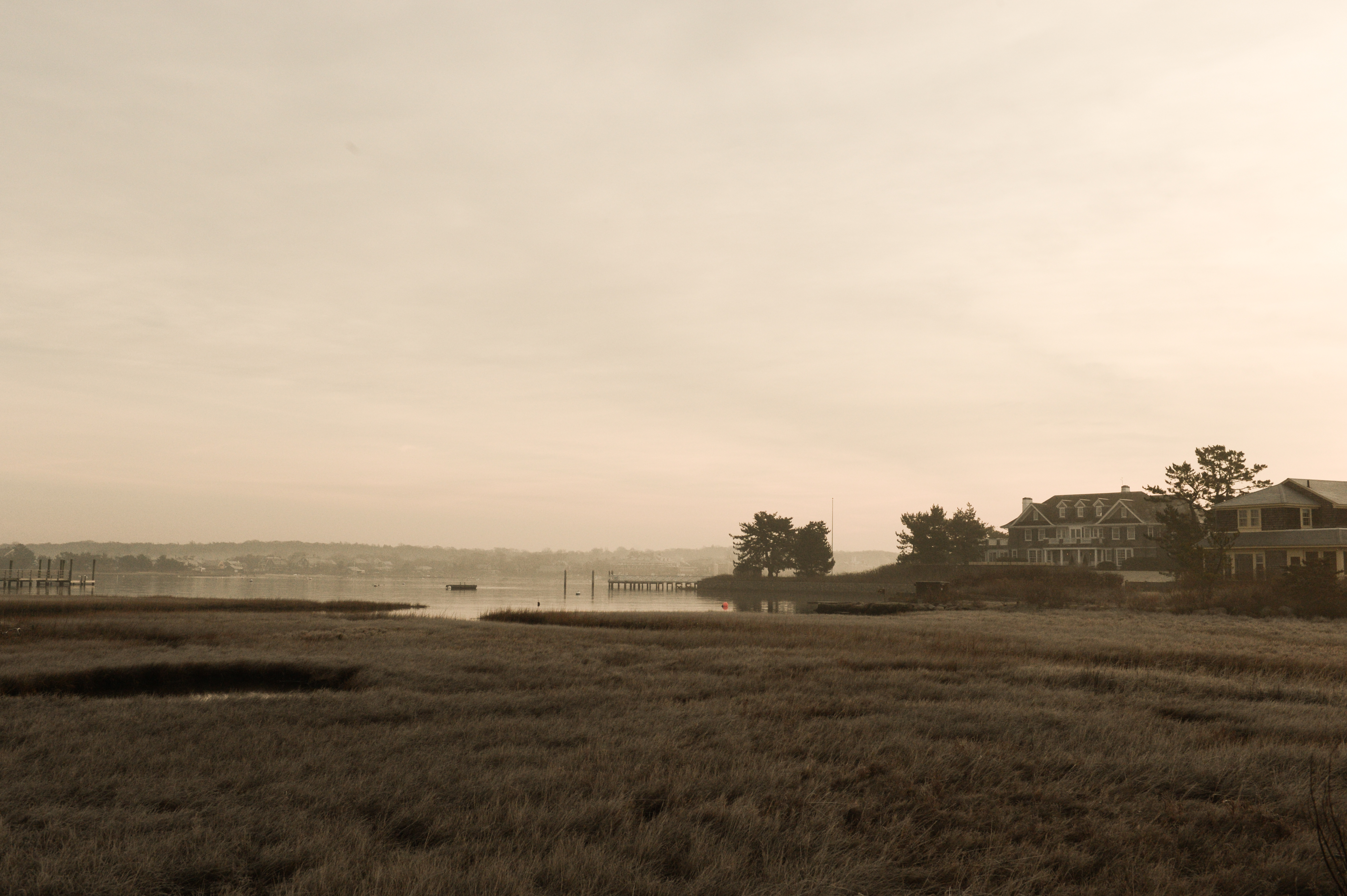 A waterfront landscape with marshy grass, calm water, and large houses on the right under a hazy sky.