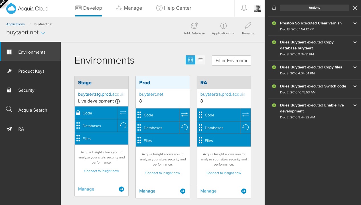 Acquia Cloud UI showing website environment management options and recent deployment activities in the activity log.