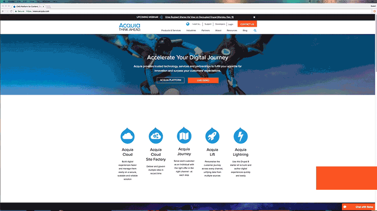 A side-by-side comparison of the Acquia website before and after design changes, highlighting layout and visual updates.