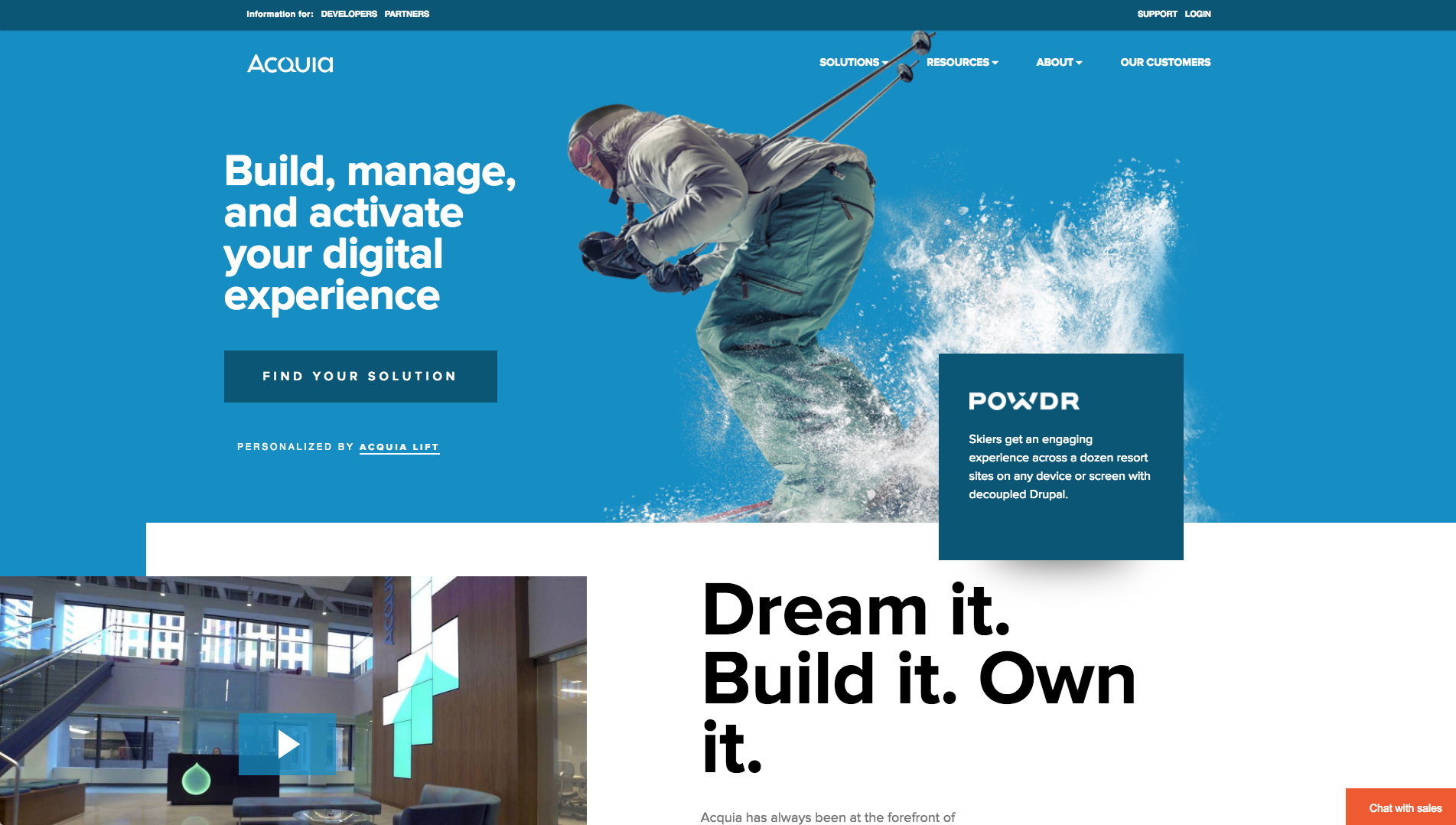 A skier moves through snow, with text promoting digital experience management and solutions by Acquia.