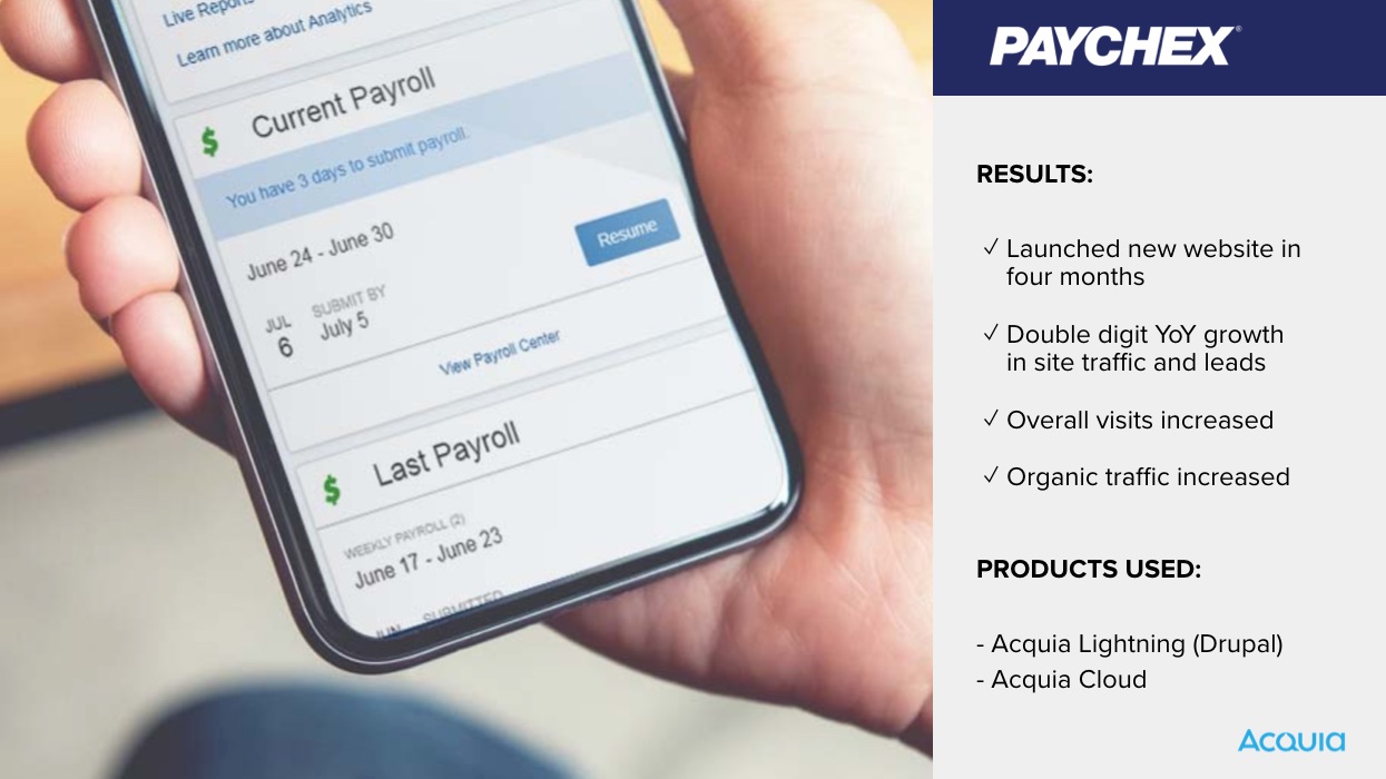 A person holds a smartphone showing a payroll management app, with Paychex results and products listed on the side.