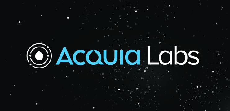 Acquia Labs logo on a dark background with white dots, creating a space-themed design.