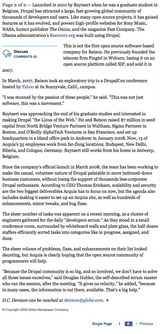 A newspaper article discusses Acquia, Drupal, its founder, business growth, funding, and contributions from the open-source community.