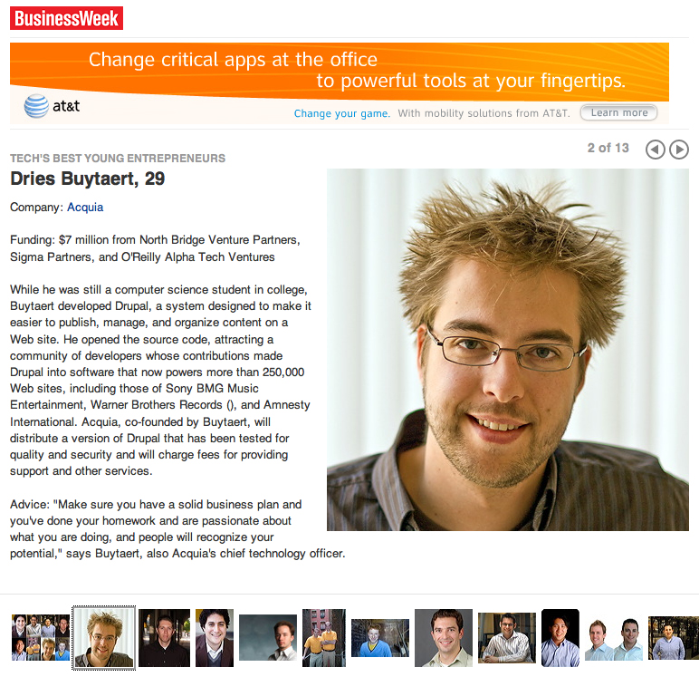 A young entrepreneur from Acquia is recognized by BusinessWeek for developing Drupal, a popular web content management system.