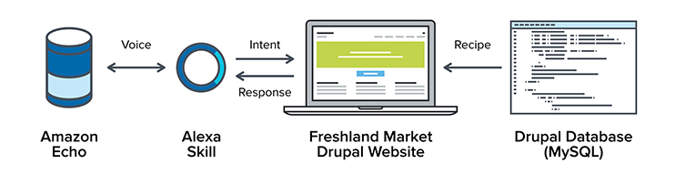 A diagram shows how Amazon Echo uses an Alexa skill to request and retrieve recipes from a Drupal website and database.