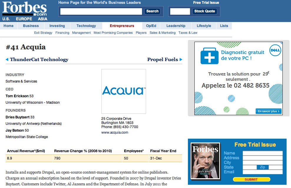 Forbes ranking page lists Acquia at #41, showing its industry, founders, revenue, and business model supporting Drupal.