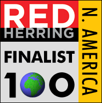 Logo for "Red Herring Finalist 100 North America", featuring bold text and a globe icon inside the number zero.