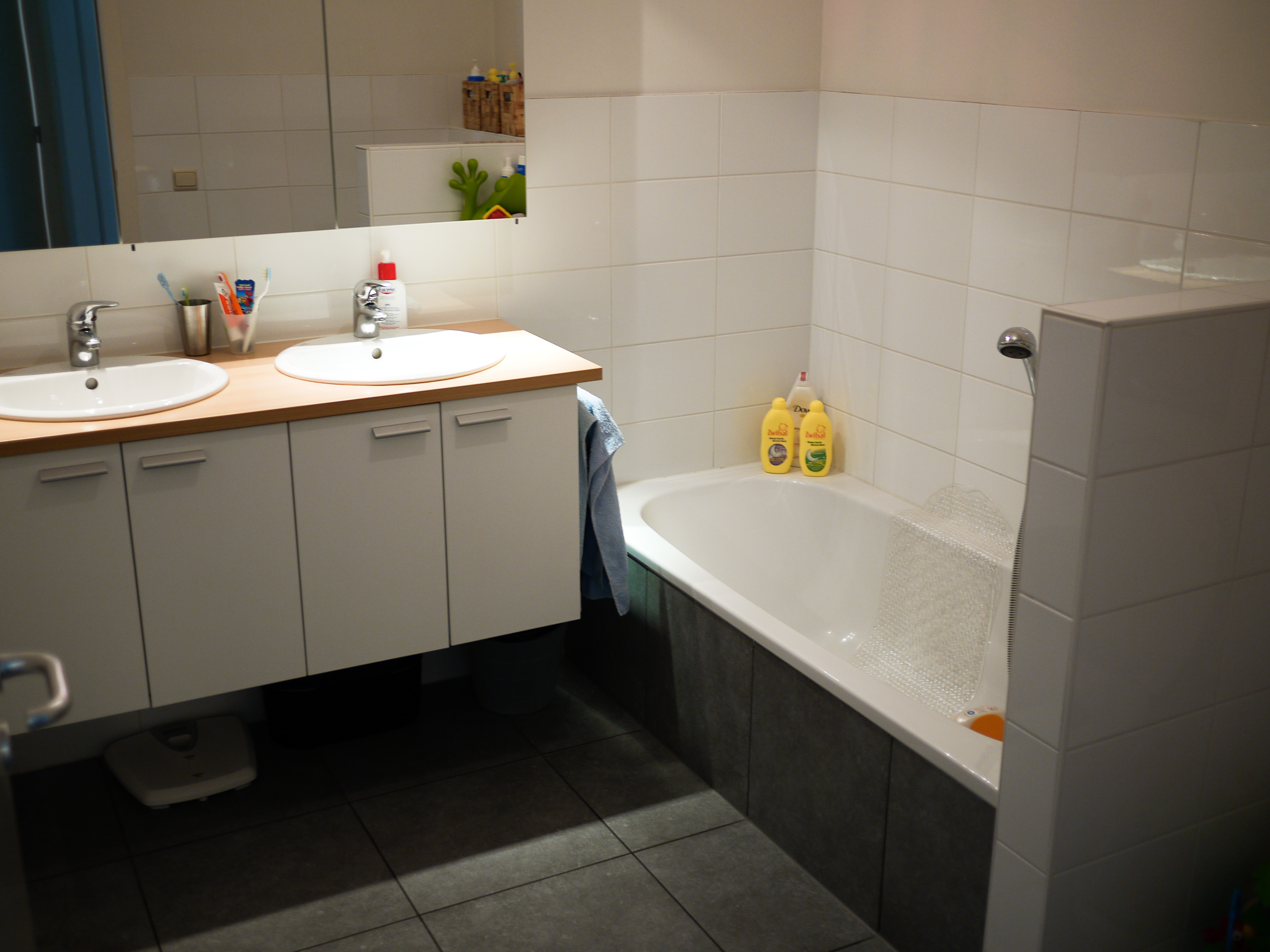 A bathroom with a double sink vanity, a bathtub with toiletries, and a mirror reflecting the space.