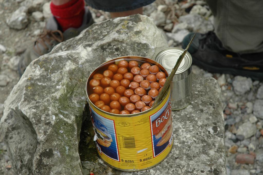 An open can of small sausages sits on a rock, with a knife stuck inside.