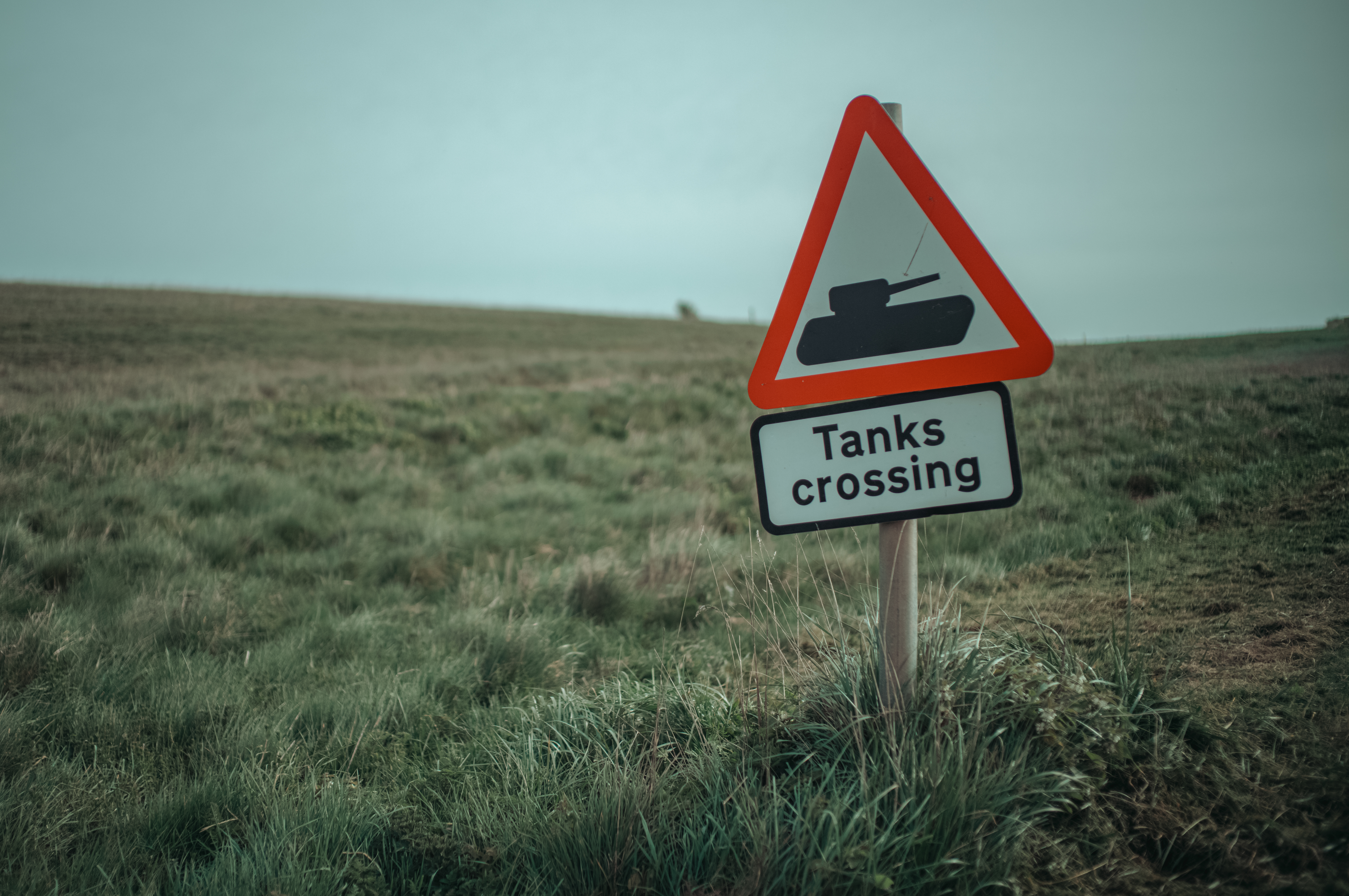 Road sign warning of tank crossings in a grassy landscape.