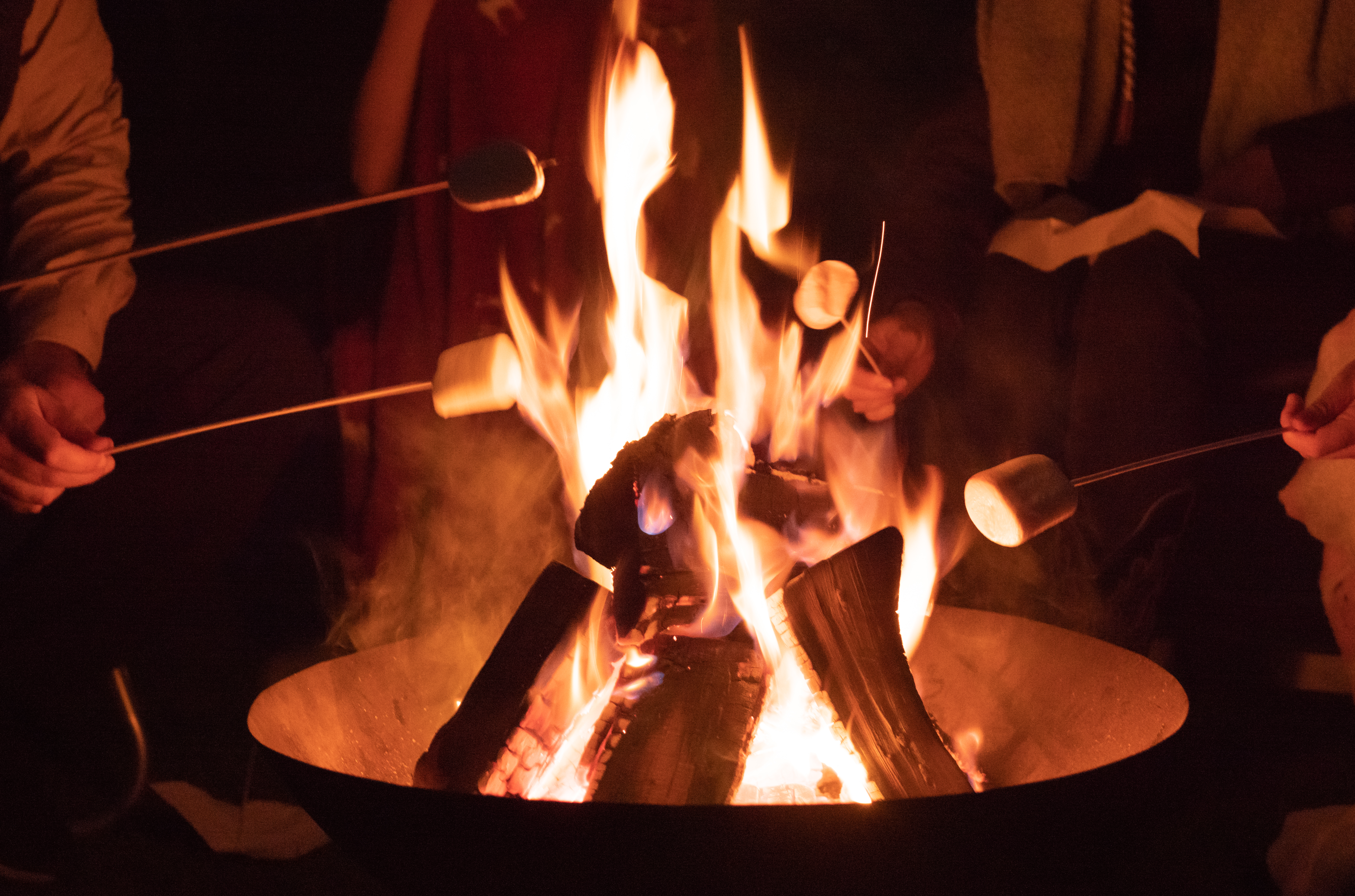 People roasting marshmallows over a campfire at night, holding skewers close to the flames.