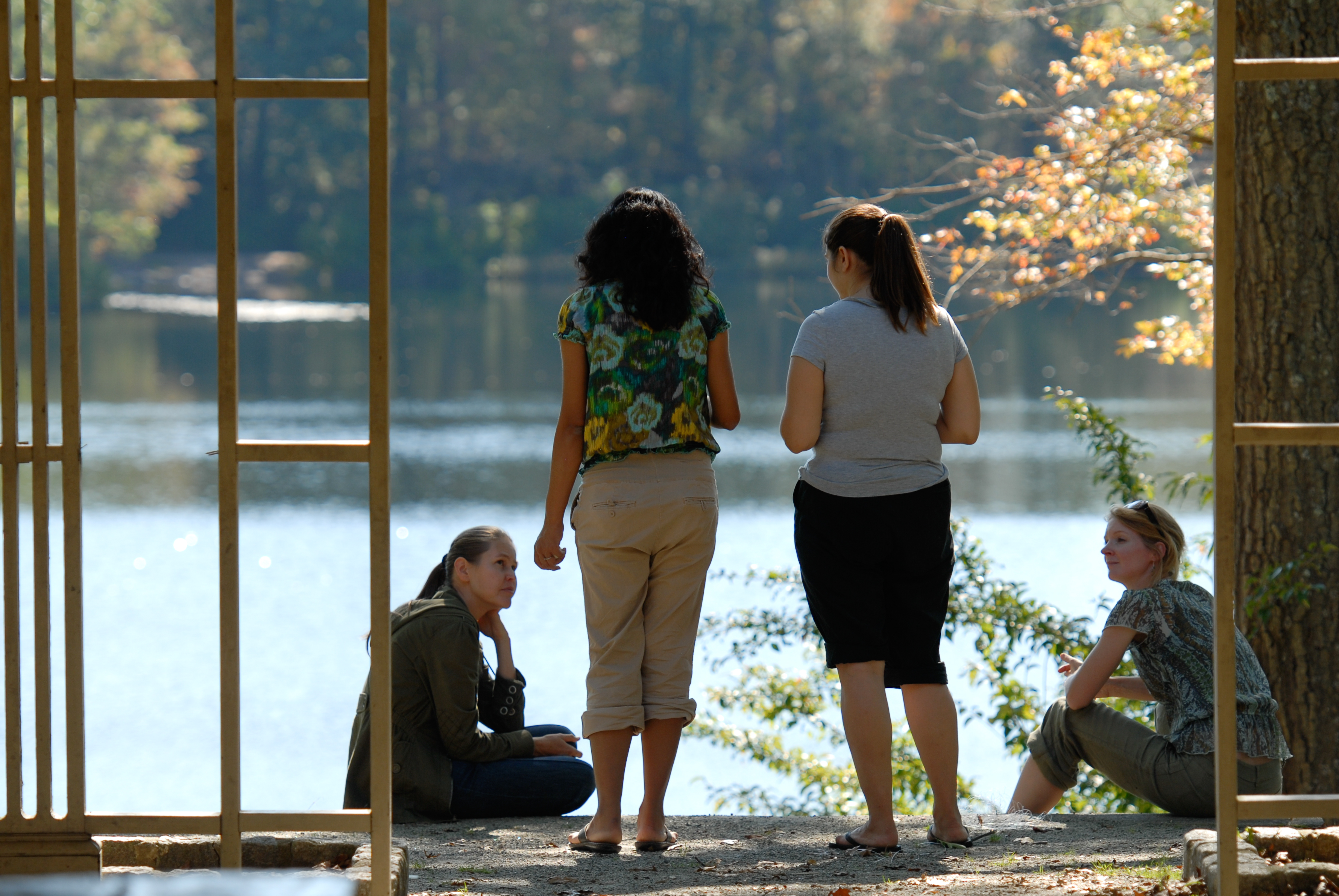Four women are gathered near a lake, two standing and two sitting, engaged in conversation.