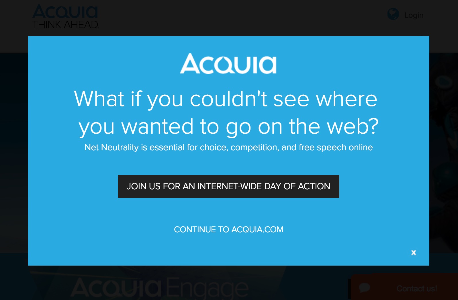 A pop-up from Acquia advocates for net neutrality, urging users to join an internet-wide day of action.