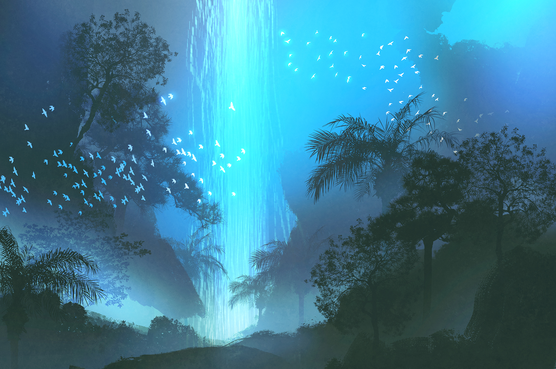 Birds fly through a misty blue forest toward a tall column of bright light.