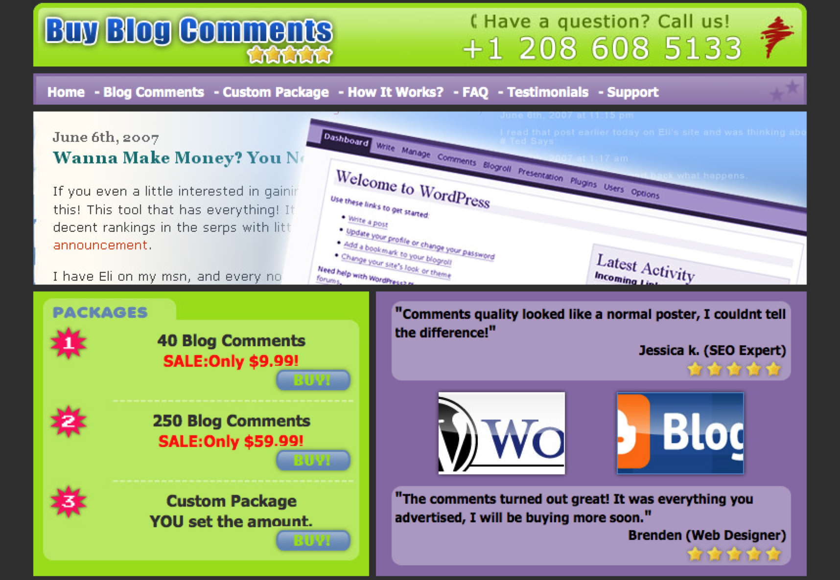 Website promoting paid blog comments with pricing packages, testimonials, and a call-to-action for purchasing comment services.