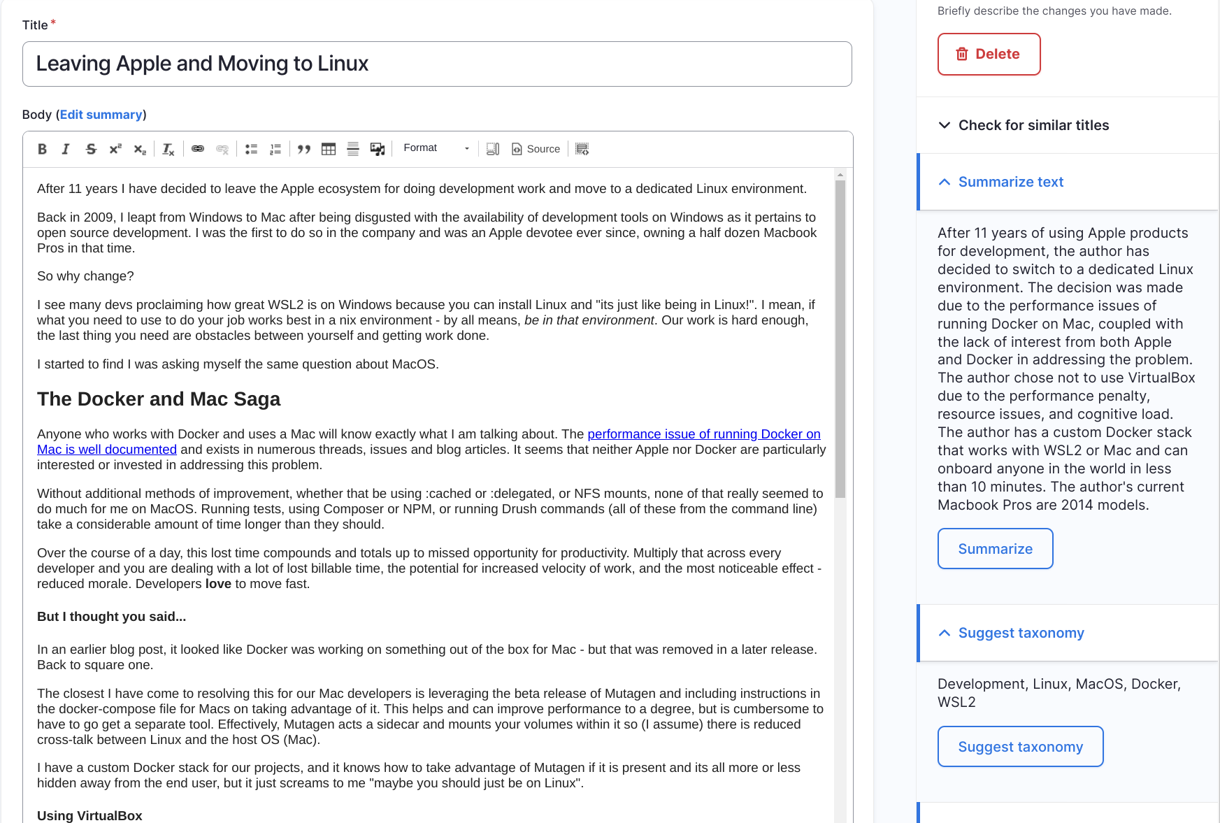 A screenshot of Drupal's editorial UI that shows a few integrations with ChatGPT.
