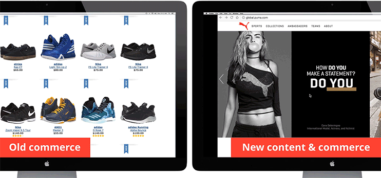 Two computer screens compare old commerce, showing a shoe catalog, with new content-driven commerce featuring a branded lifestyle image.