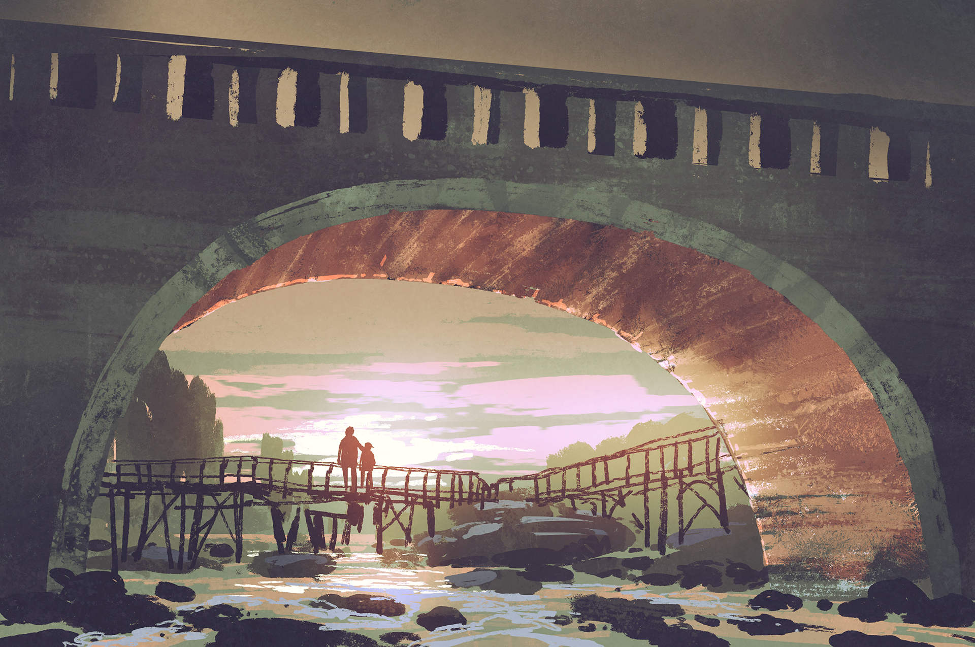 View from under a sturdy stone bridge toward a fragile wooden bridge in the distance, with two people standing on it.