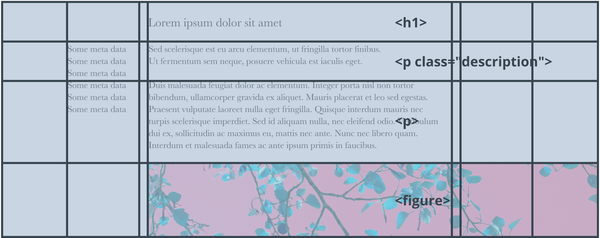 A CSS grid layout with multiple rows and columns, displaying text elements and an image in structured sections.