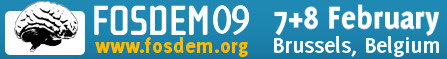 Banner for FOSDEM 2009, an event in Brussels, Belgium, on February 7-8, with a website link.