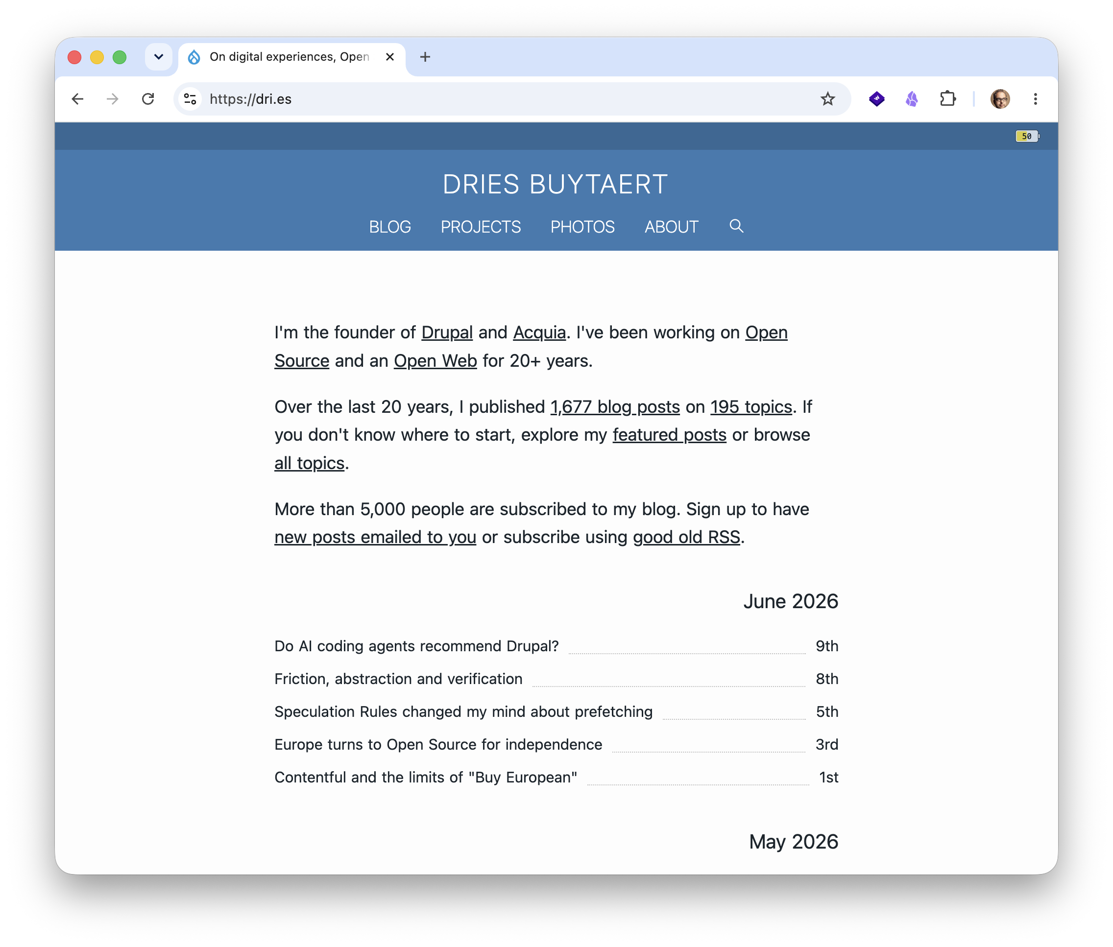 Screenshot of the main page in the old dri.es design.