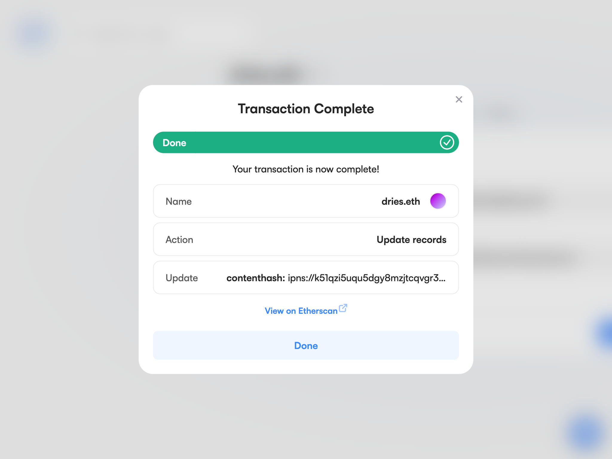 A screen confirming an updated content hash for 'dries.eth' on the Ethereum Name Service, with a link to view the transaction on Etherscan.