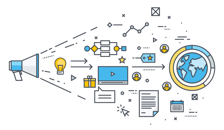 A megaphone projects ideas as icons of blogging, communication, and global reach spread outward.