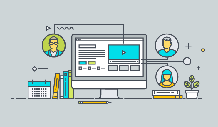 Illustration of a website plan with a computer screen, user icons, books, and a calendar representing collaboration.
