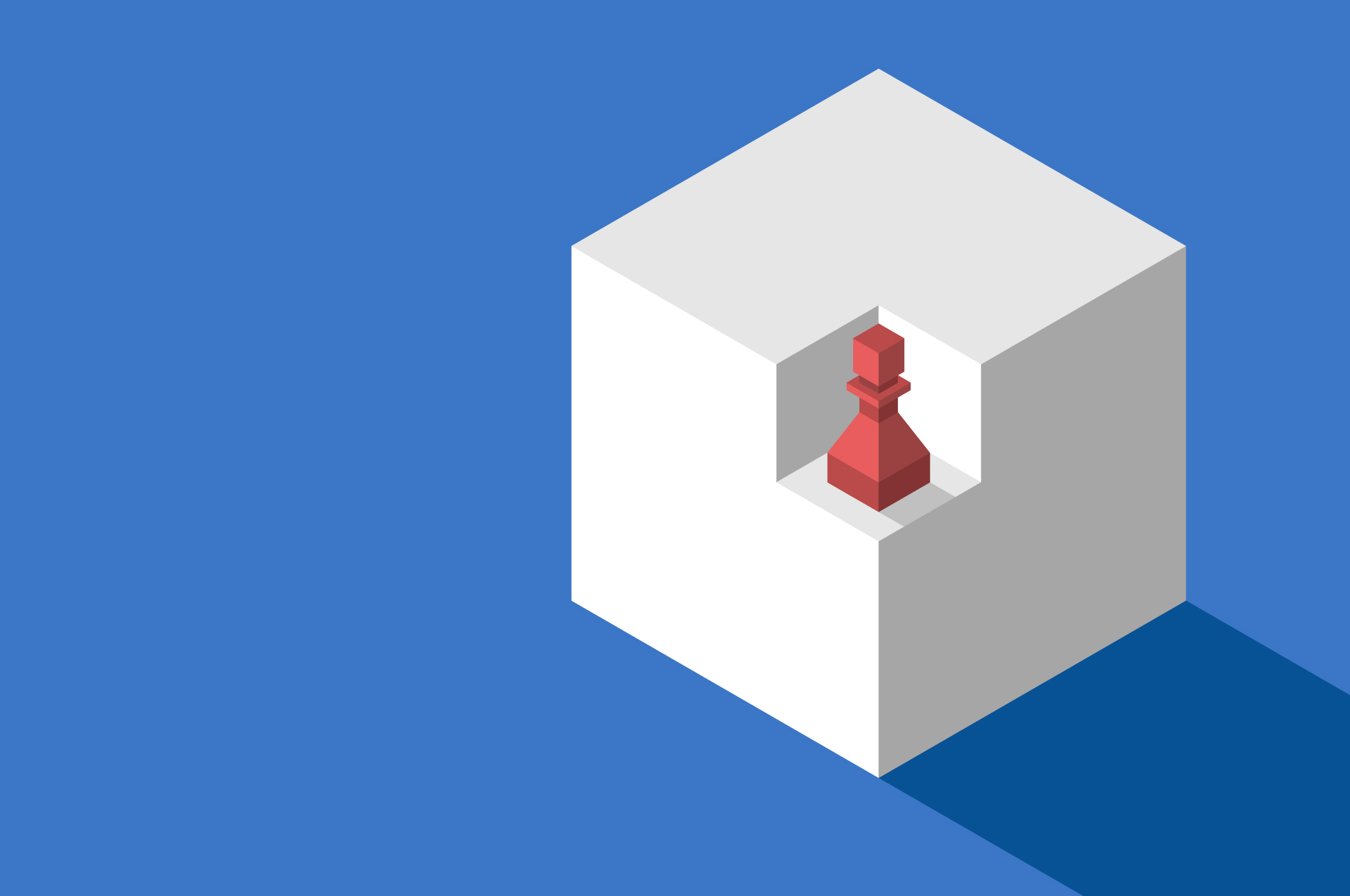 A red chess pawn set in a niche carved into a white cube, on a blue background.