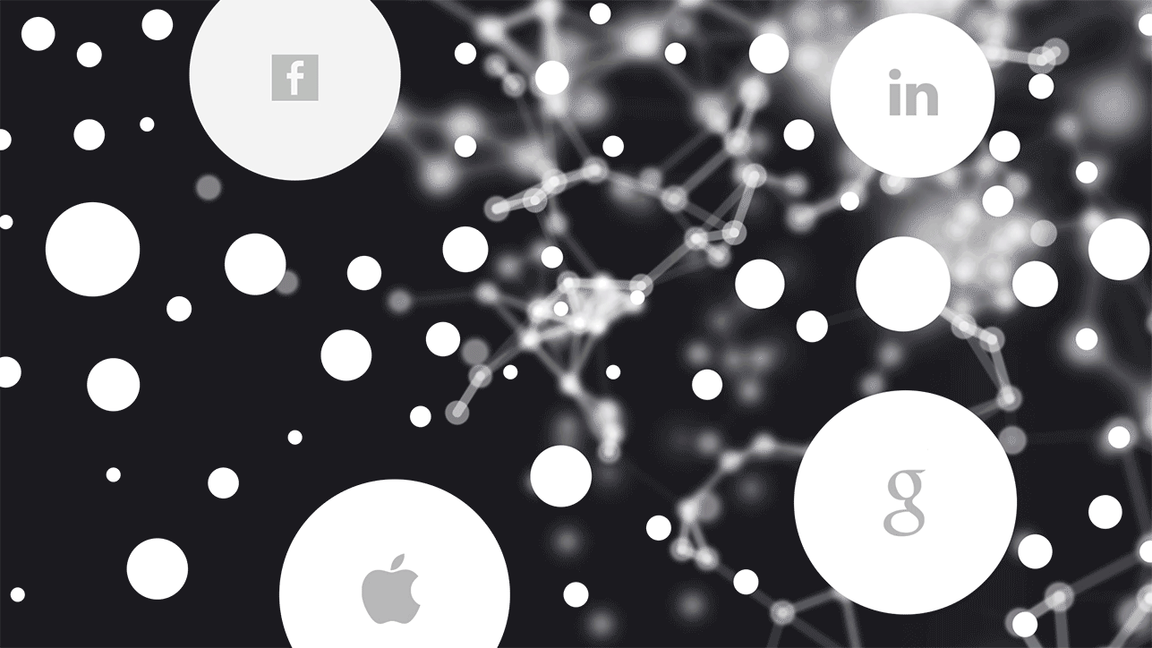 A digital illustration shows large tech company logos among connected nodes, representing the dominance of major platforms over the web.