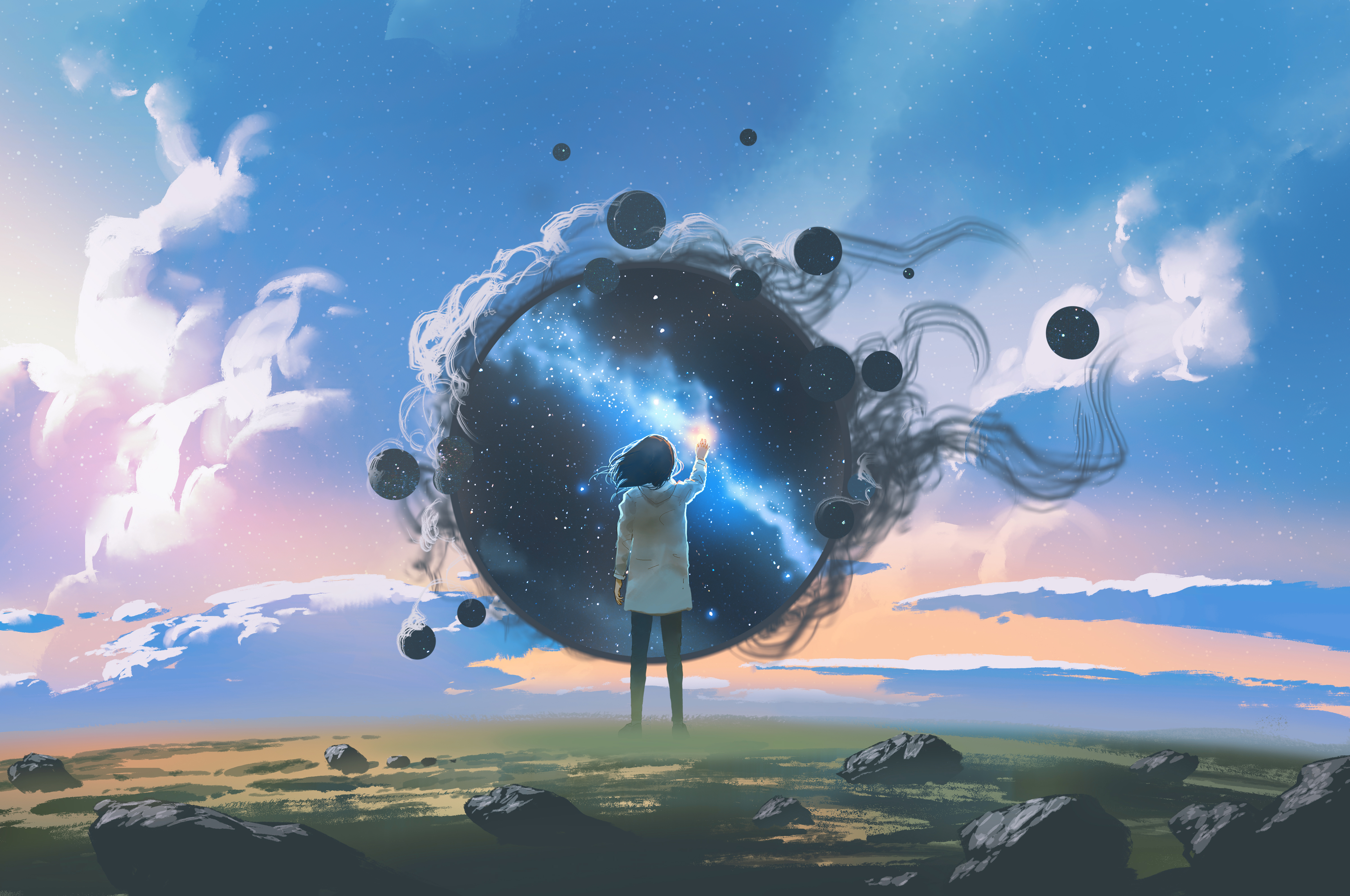 A person stands before a large, glowing dark sphere filled with stars and surrounded by smaller orbiting nodes.