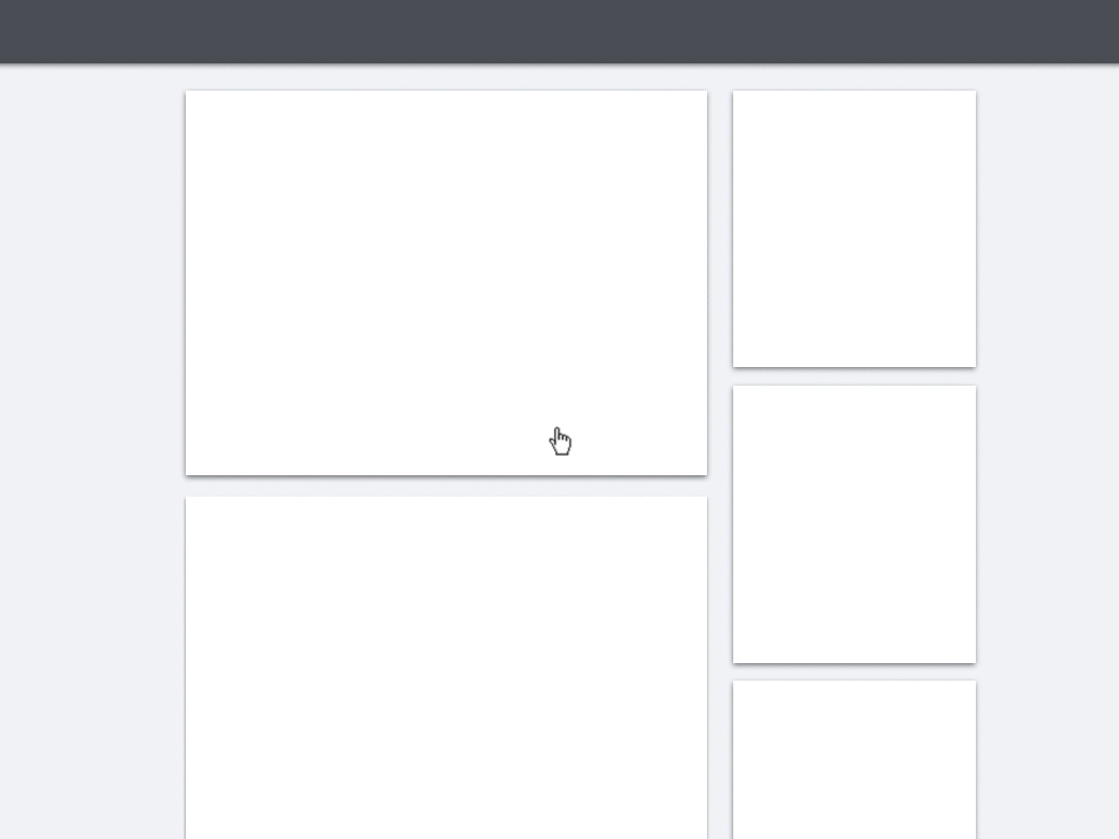 A cursor clicks on an empty block, revealing a menu with thumbnail options for adding content to the page.