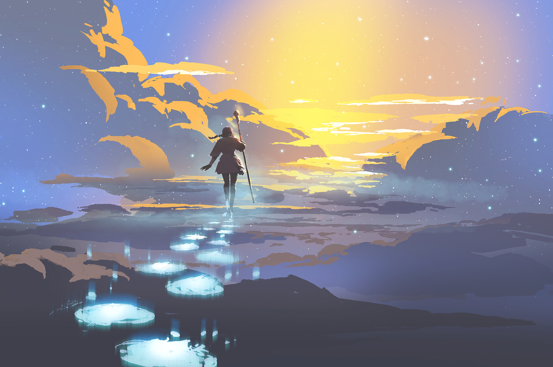 A lone traveler with a staff follows glowing footprints toward a bright sunrise beneath a star-filled sky.