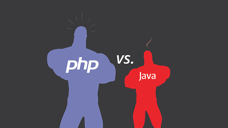 Illustration of a strong blue figure labeled "PHP" facing a smaller red figure labeled "Java" with "vs.