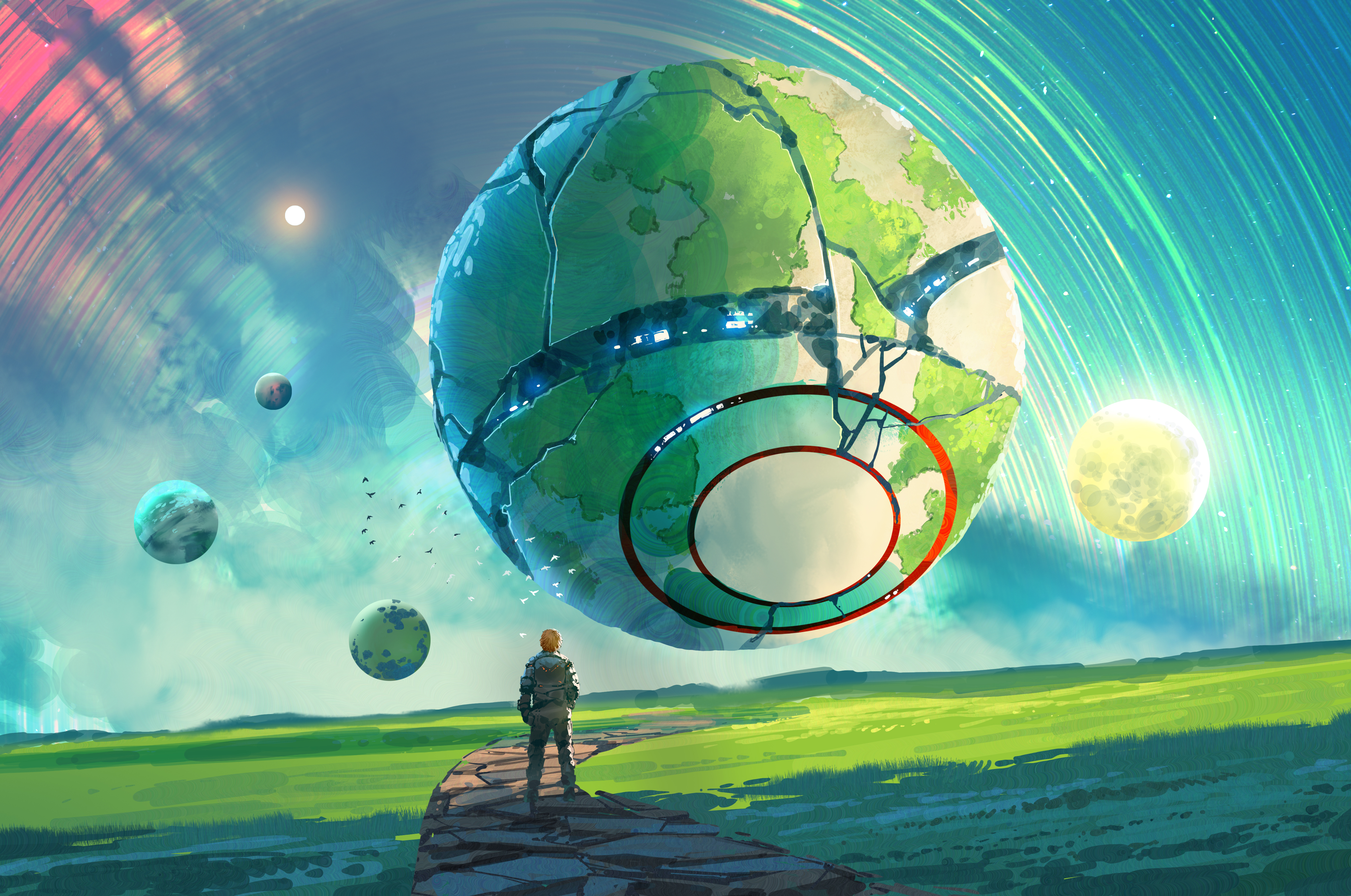 A lone traveler walks along a path toward a massive floating cracked planet surrounded by vibrant colors and smaller celestial bodies.
