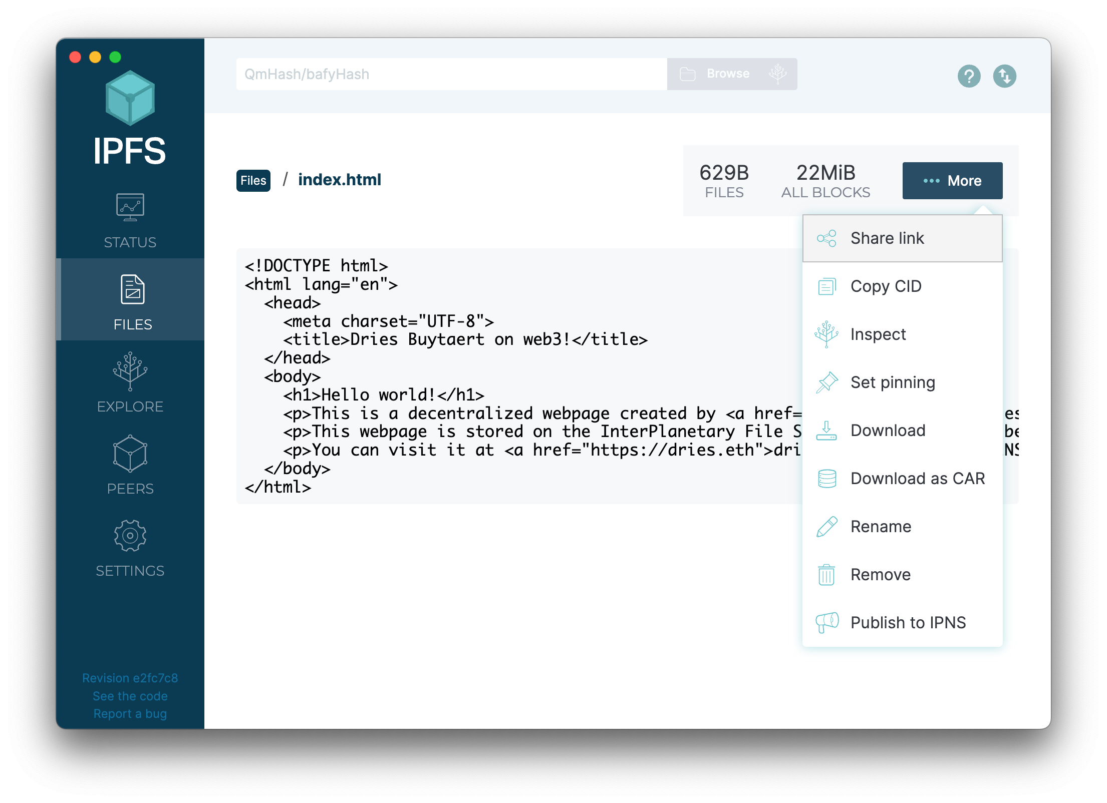 A screenshot of the IPFS Desktop application displaying an HTML file with a drop-down menu option to 'Publish to IPNS'.