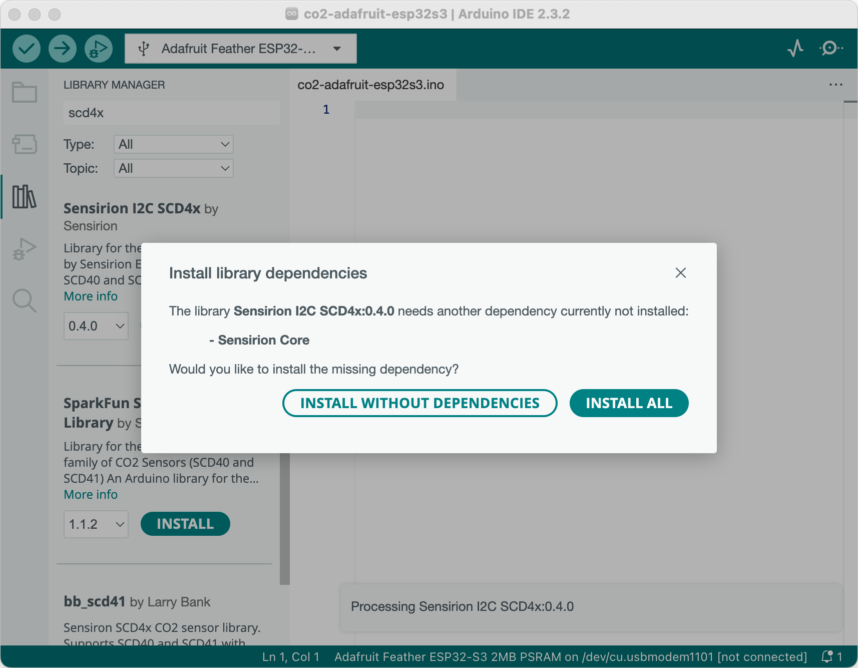 A screenshot of the Arduino IDE with a dialog box for installing the 'Sensirion Core' dependency for the 'Sensirion I2C SCD4x' library.