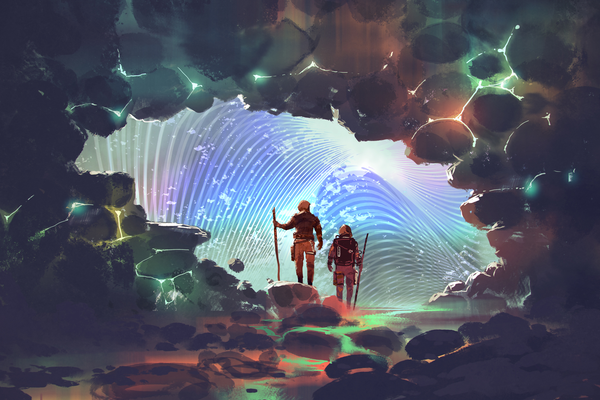 Two figures with walking sticks stand at the entrance of a glowing cave, looking toward a bright path ahead.