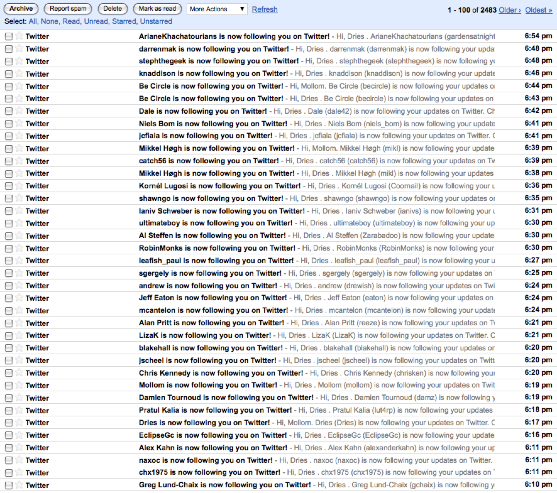 A screenshot of an email inbox showing multiple notifications from Twitter about new followers.