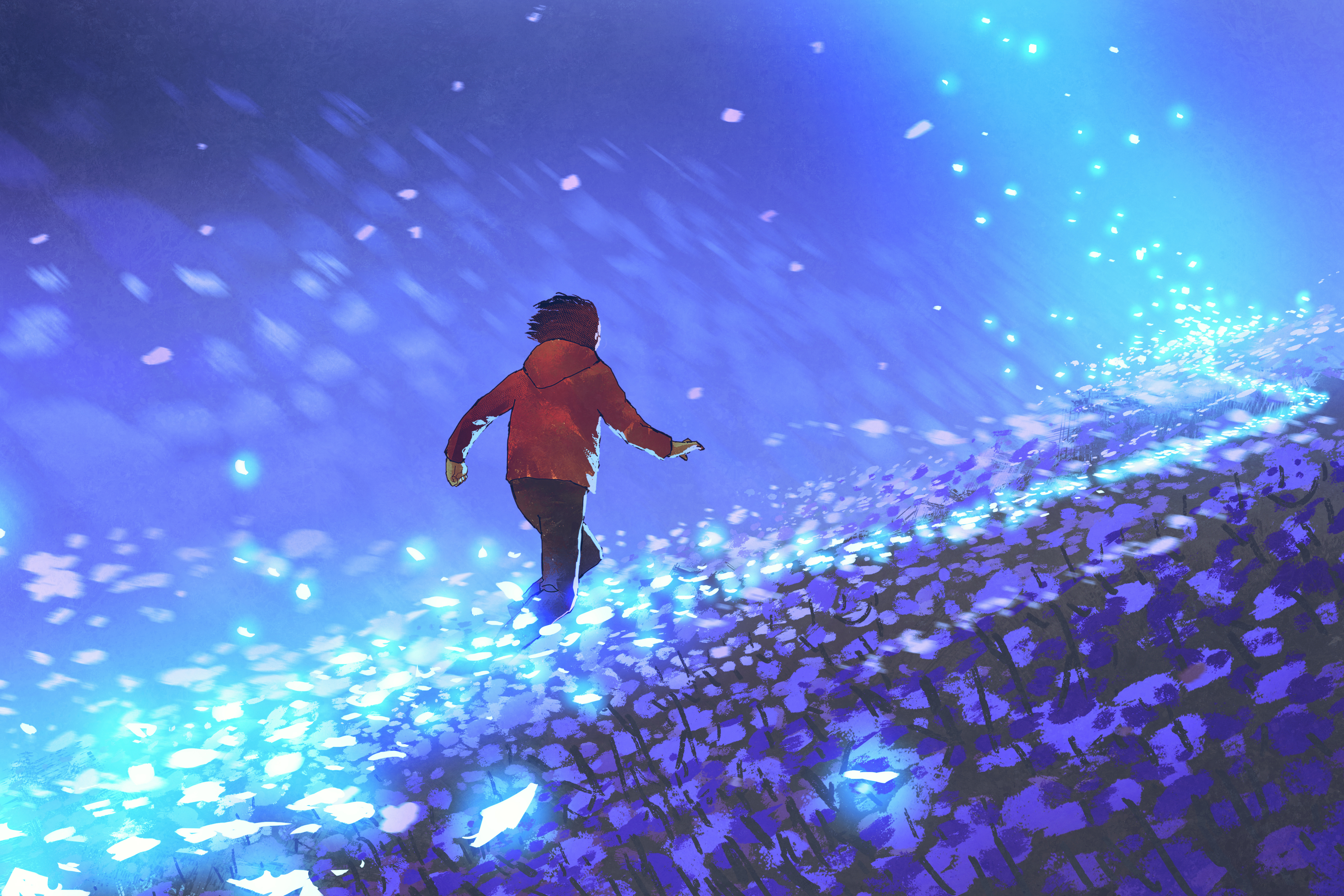 A figure in a red jacket walks up a hillside against a flow of glowing blue petals carried on the wind.