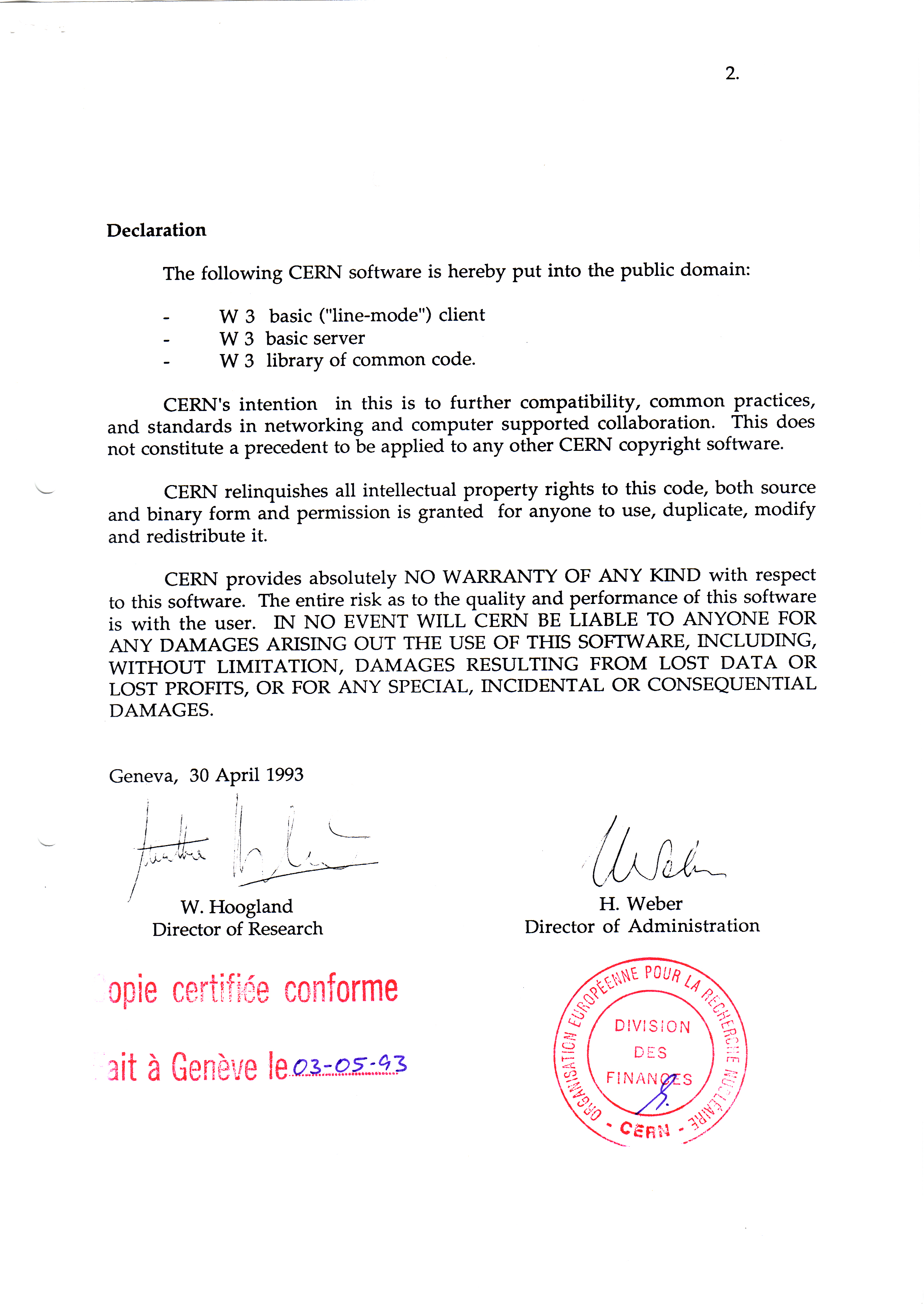 Official CERN document from 1993 declaring the release of World Wide Web software into the public domain.