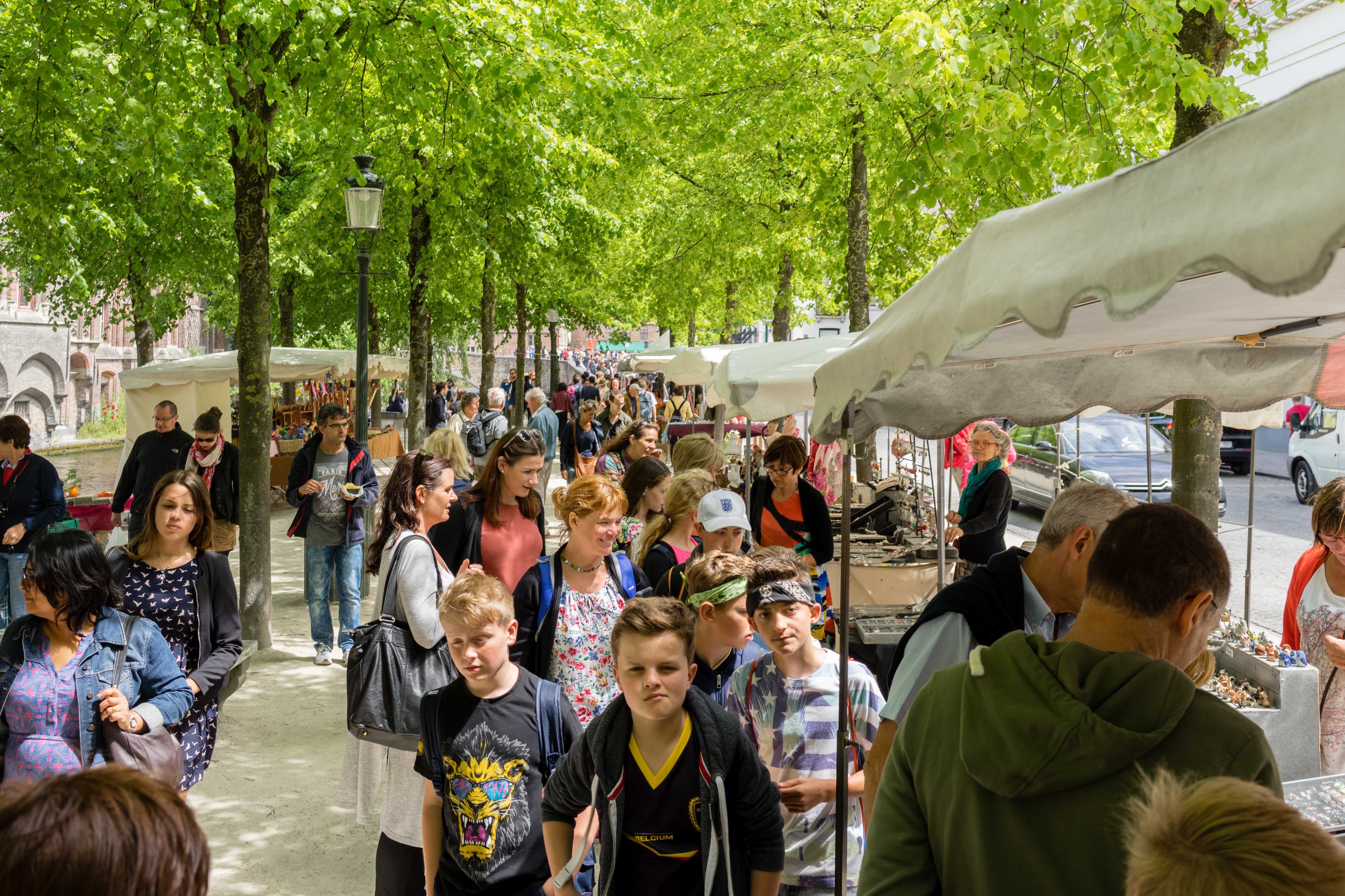 A busy outdoor market with people walking, browsing stalls, and shopping under white tents lined along a tree-covered path.