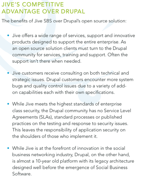 A comparison of Jive and Drupal, highlighting Jive's advantages in support, security, and innovation over Drupal's open-source model.