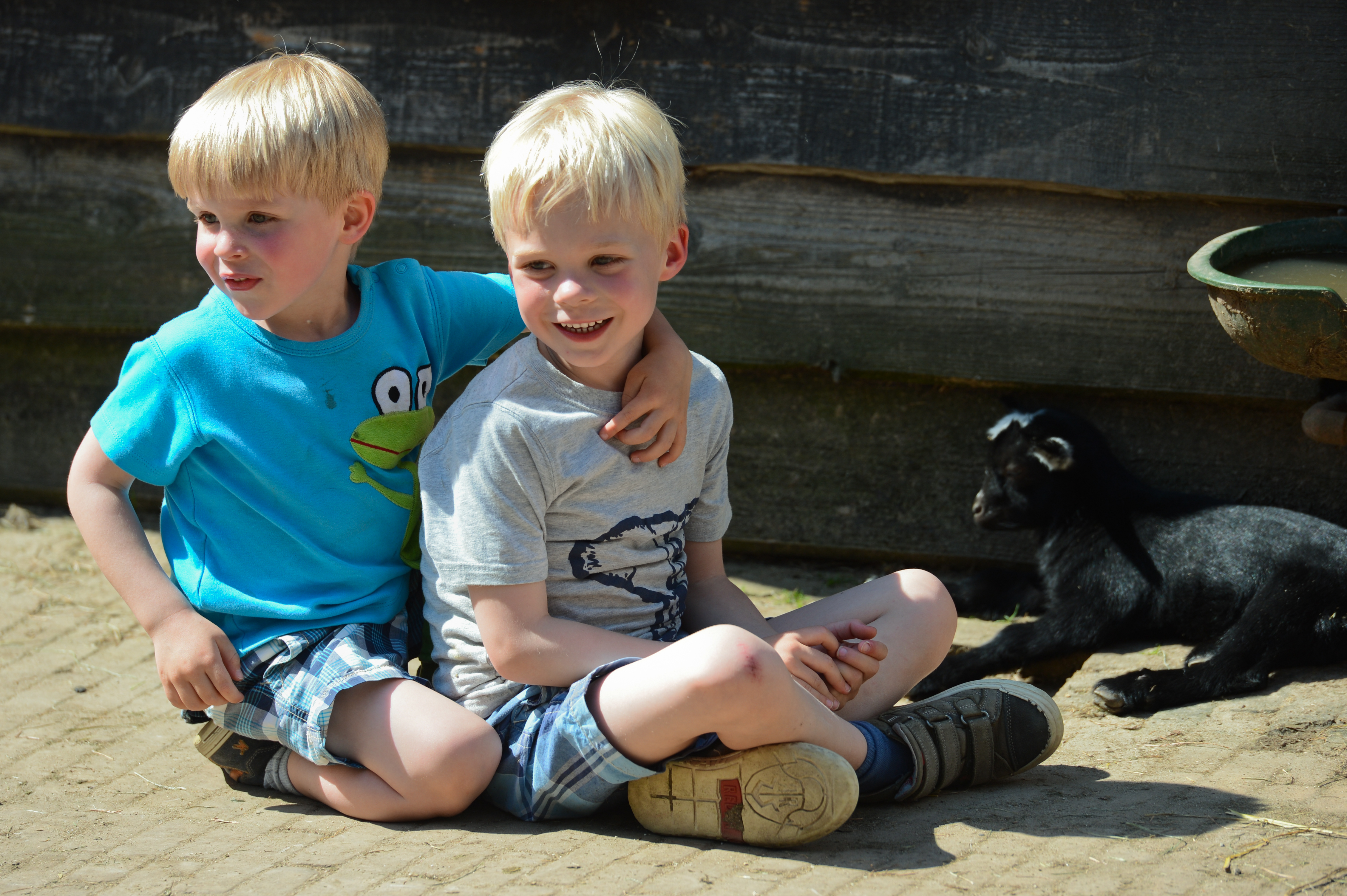 Two young boys sit on the ground, smiling and hugging, while a small black goat rests nearby.