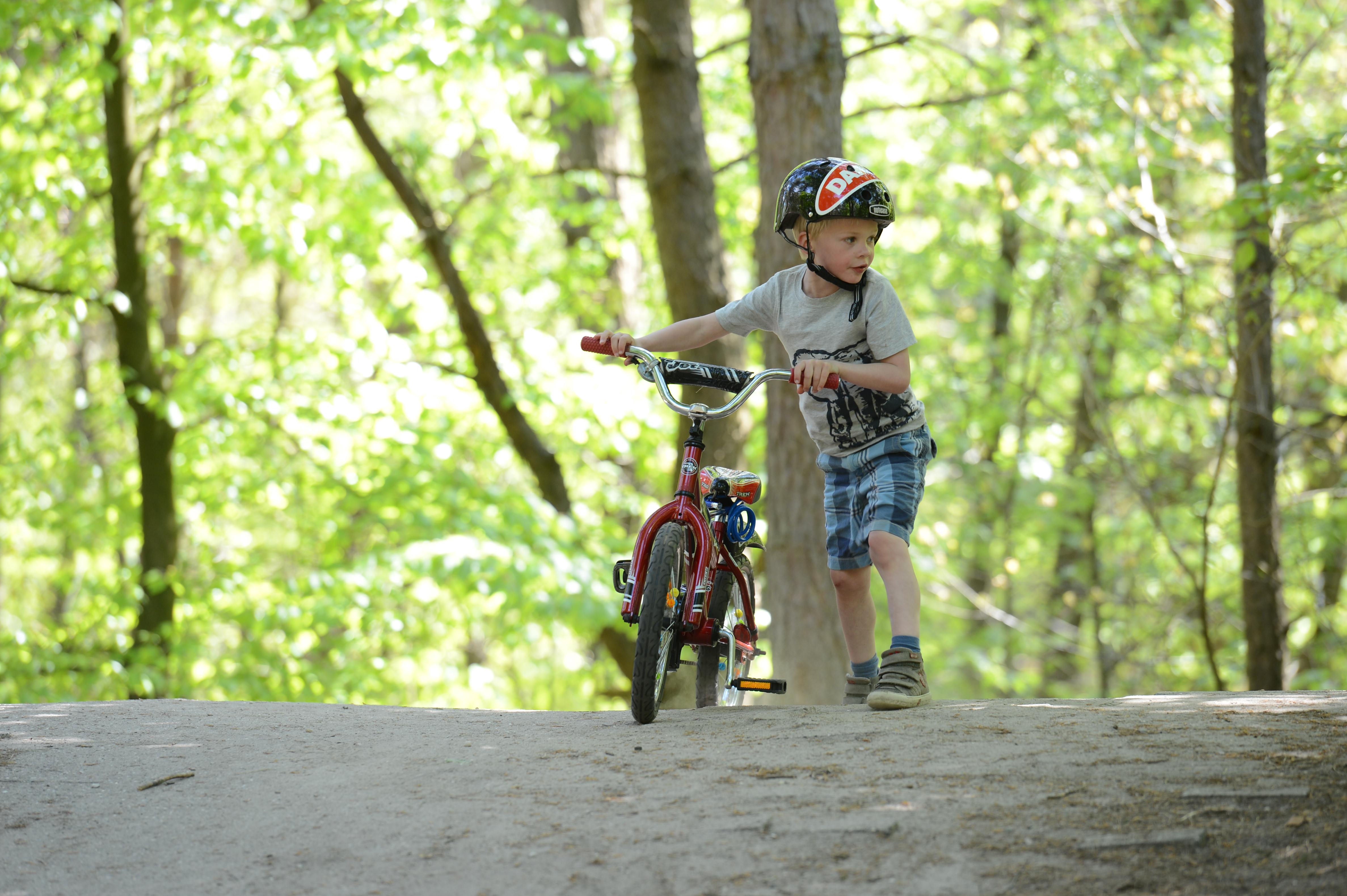 A child wearing a helmet walks a red bicycle up a dirt path in a wooded area.