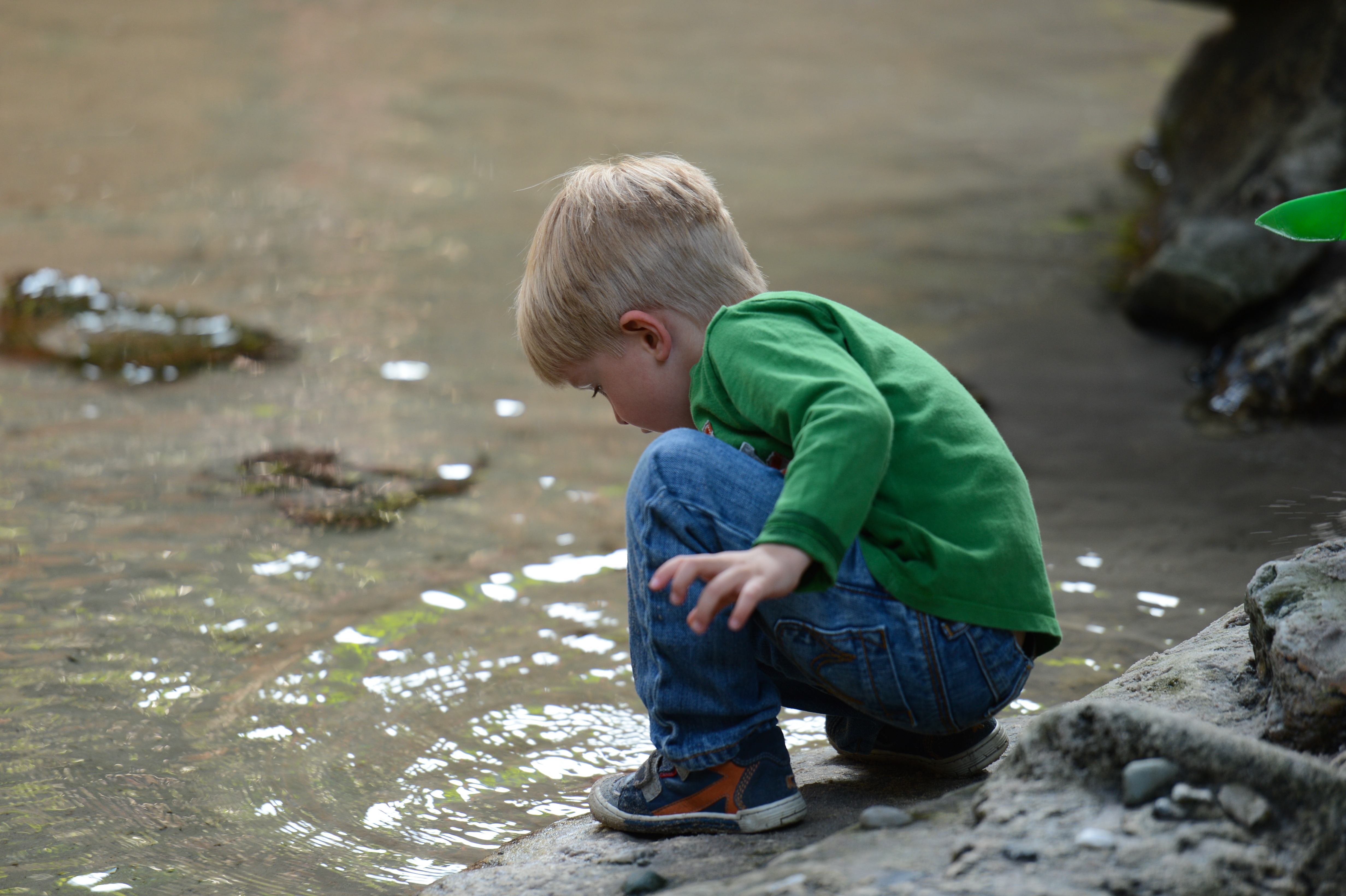 A young child in a green shirt crouches by the water, touching the surface with their hand.