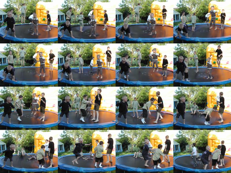 Children and adults jump and play on a trampoline during an outdoor communion party.