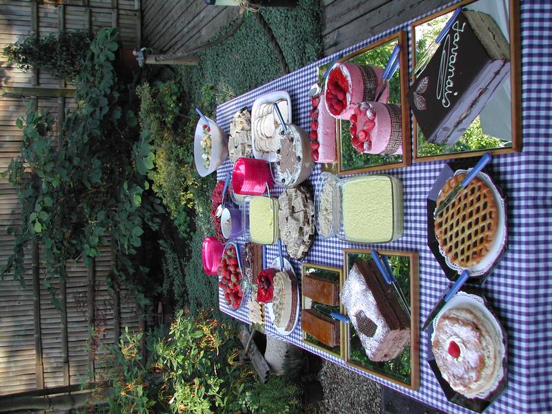 A table covered with a checkered cloth displays various cakes, pies, and desserts at an outdoor communion party.