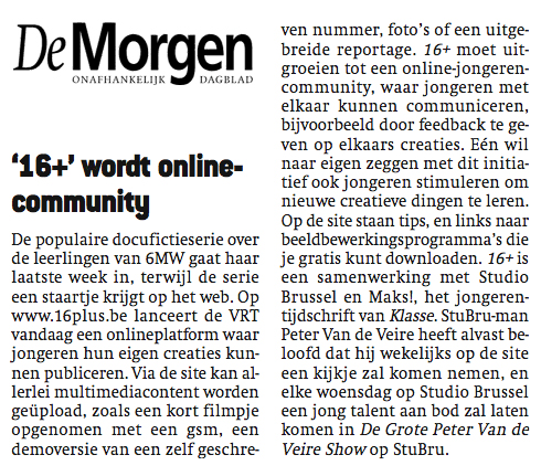 A newspaper article from *De Morgen* discusses the launch of an online community for young people to share creative content.